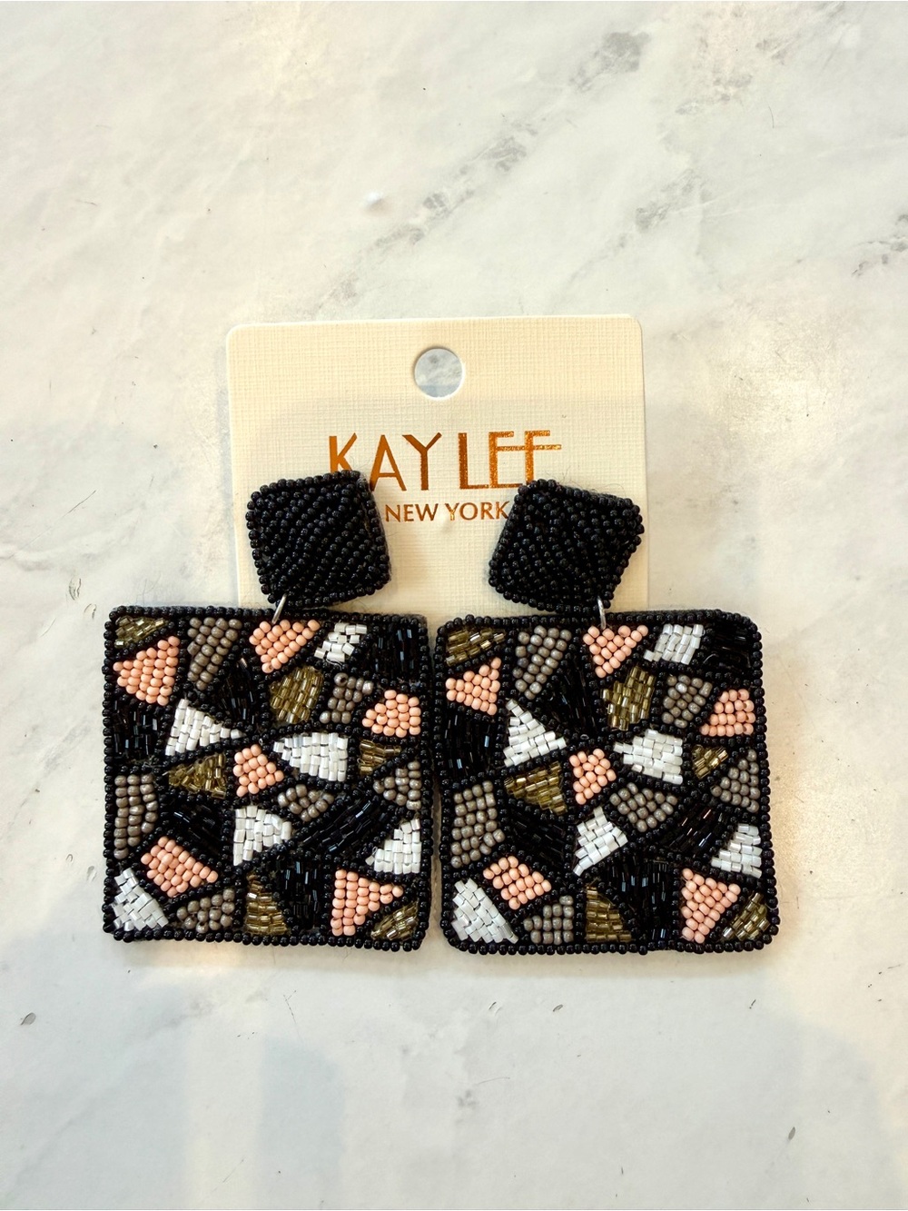 NWT Kay Lee New York Beaded Mosaic Square Statement Earrings Multi-Color